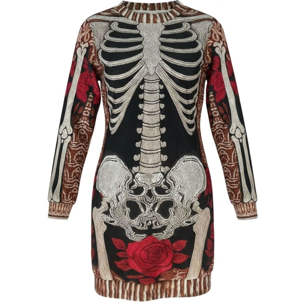 Black Skeleton Rose Graphic Long Sleeve Mini Dress - Never Worn